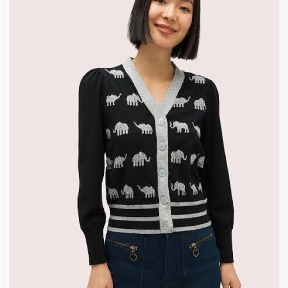 NWOT kate spade Black Cardigan with Silver Elephant Embroidery